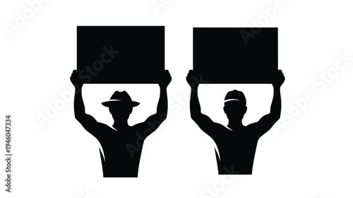 Two protestors holding blank signs a striking black silhouette