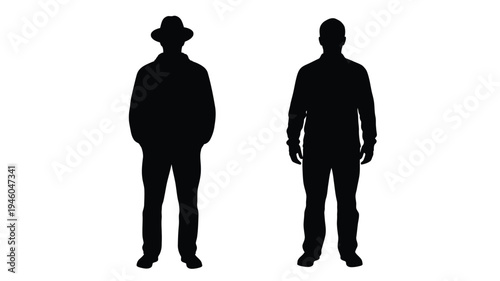 Two men in hats full body view stark black silhouette