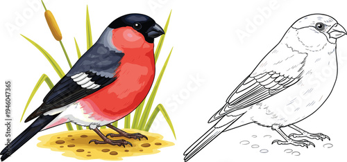Bullfinch Bird Coloring Page with Color Example featuring a Realistic Songbird in Nature with Cattails in Line Art and Vector
