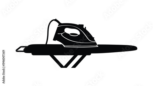 A black silhouette of an iron resting on its ironing board silhouette
