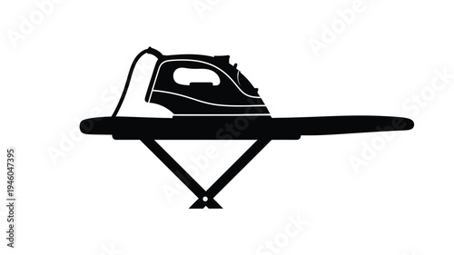 An ironing board and iron depicted in a stark black silhouette