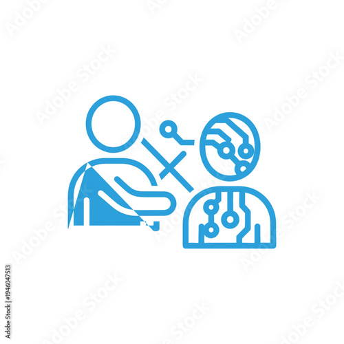 A person is examining a robotic head while another person observes the details of the robotic body.