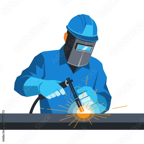 Welder working with welding torch and sparks, industrial worker, safety helmet