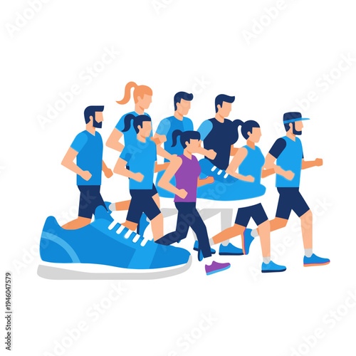 Diverse Group of Runners in Motion with Giant Sneaker