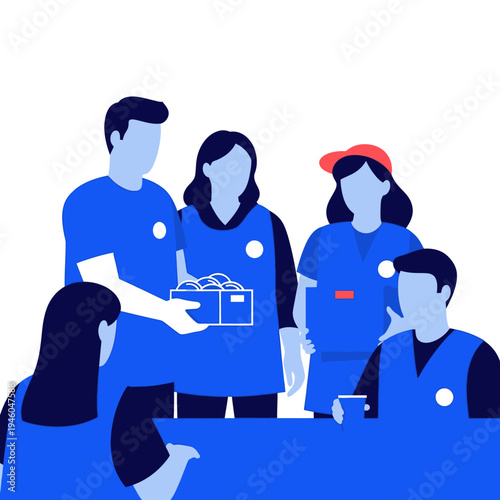 Volunteers distributing food boxes, community aid, helping hands, charity work, social support