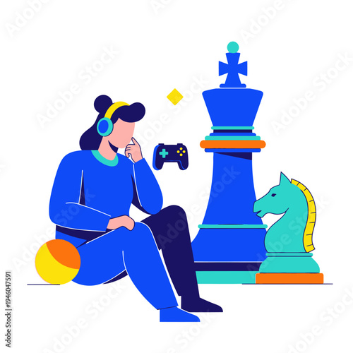 Woman with headphones thinking about chess strategy and gaming