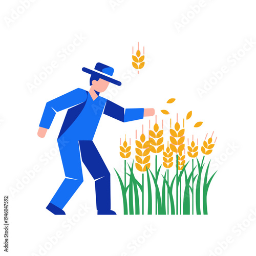 Farmer harvesting wheat in a stylized field, agricultural illustration