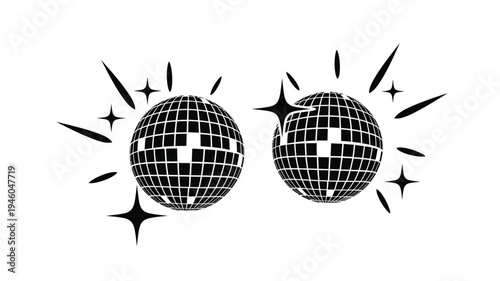 Two disco balls with starbursts a striking black silhouette