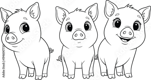 Cute Three Little Pigs Coloring Page for Kids, Adorable Cartoon Piglets Vector Illustration, Farm Animal Outline Drawing, Hand Drawn Sketch