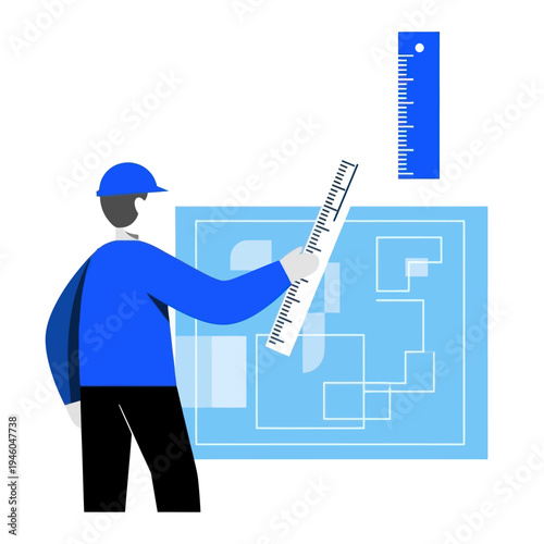 Architect or engineer with blueprint and ruler, planning construction project