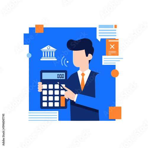 Financial advisor calculating with calculator and bank icon, business concept