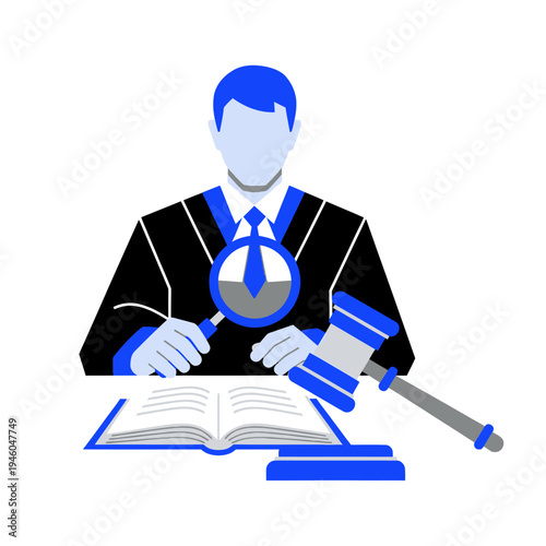 Judge with Gavel and Magnifying Glass Over Open Book, Justice Concept