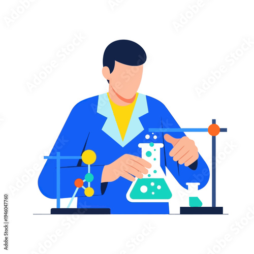 Scientist conducting experiment with flask and molecular model in laboratory