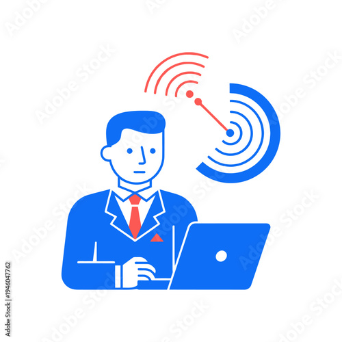 Businessman working on laptop with wireless signal icon illustration