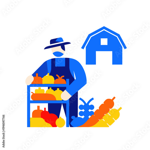 Farmer with fresh produce and barn icon, flat design illustration