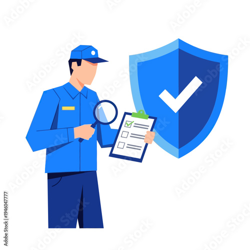 Obraz na plátně Security Guard Inspecting Checklist Near Shield Icon for Protection and Safety C