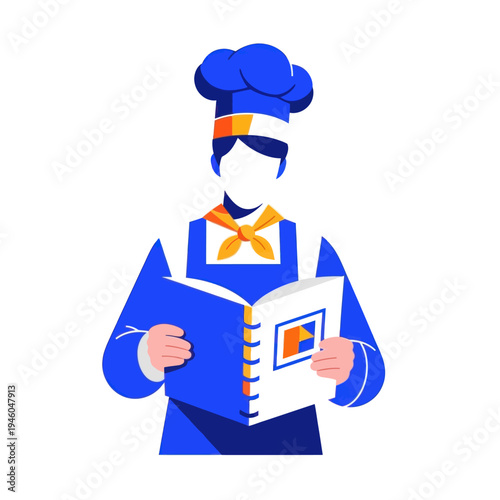 Chef Reading Cookbook, Flat Design, Isolated on White Background