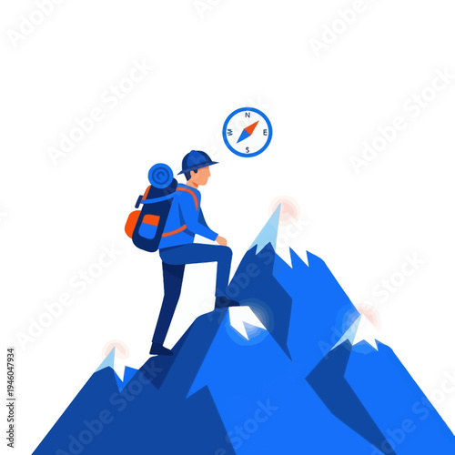 Adventurer climbing mountain peak with backpack and compass, illustration