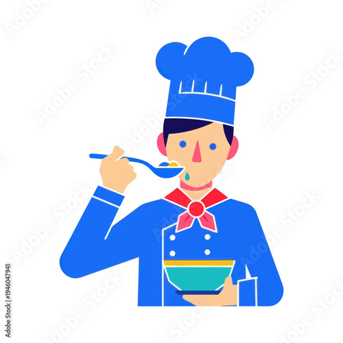 Chef tasting soup from a bowl, healthy food, cooking concept, vector illustration