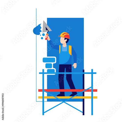 Construction worker plastering wall on scaffolding, flat illustration
