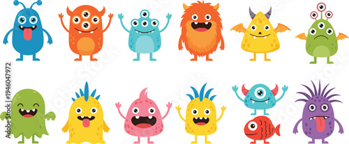 Set of cute cartoon monster characters, friendly colorful alien creatures with horns and eyes, vector mascot illustrations for kids design projects