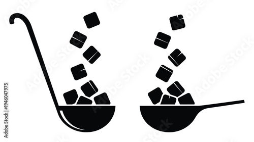 Two ladles scoop falling cubes a minimalist black silhouette