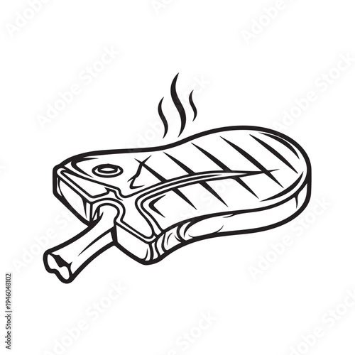 Grilled Steak with Bone and Steam Black and White Line Art Stock Illustration