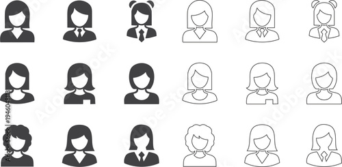 Diverse women silhouettes in various hairstyles and attire on white background