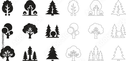 Silhouette of various tree icons in black and white including pine deciduous and outline styles for design and decoration