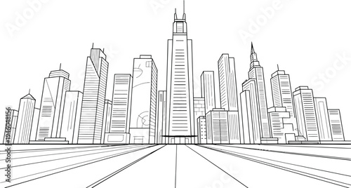 A simple line drawing shows a sprawling modern city skyline. Tall skyscrapers of various designs dominate the urban landscape. 