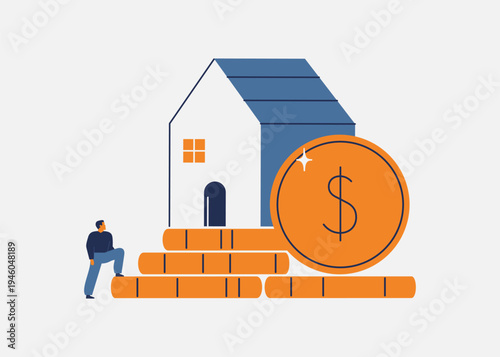 man climbs a staircase of coins to home. Concepts of house buying, real estate affordability, and gradual mortgage repayment. Vector illustration