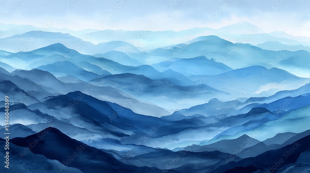 Obraz premium A serene mountain range with misty blue hills and a cloudy sky