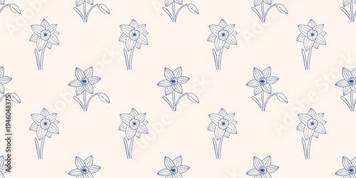 Vector seamless pattern with elegant daffodil flowers on soft beige background. Hand drawn blue narcissus floral print for spring wallpaper, wrapping paper, fabric, textile, packaging, and home decor.