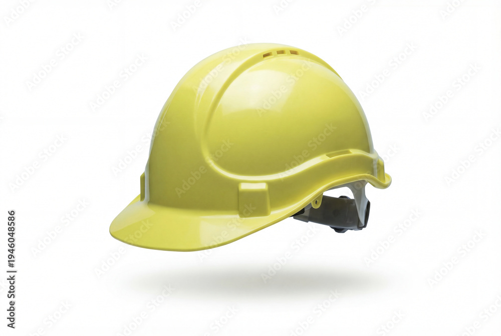 Fototapeta premium Bright yellow safety hard hat isolated on white background with soft shadow