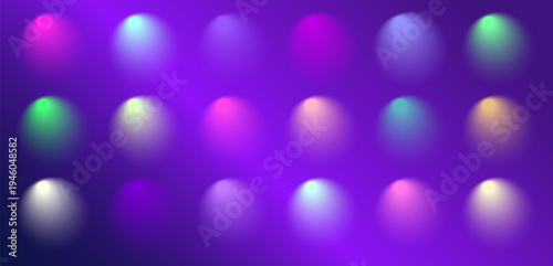 Abstract Purple Vector Background with Glowing Colorful Neon Orbs and Soft Gradient Light Set of Futuristic Vibrant Luminous Spheres on Dark Violet Gradient Background
