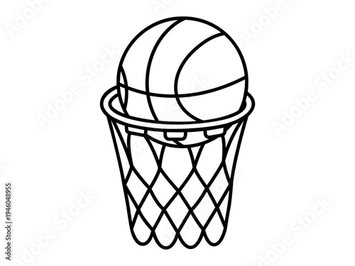 Hand drawn cute outline illustration of basketball successful throw. Flat vector line art sport team game doodle. Ball in basket sticker. Healthy lifestyle icon. Lucky shot. Isolated.