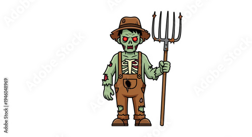 Cartoon skeleton wearing overalls and hat.