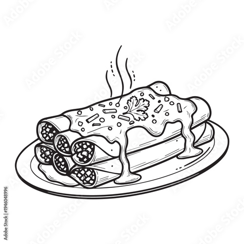 Hand Drawn Enchiladas with Sauce and Cilantro on Plate Steaming Line Art
