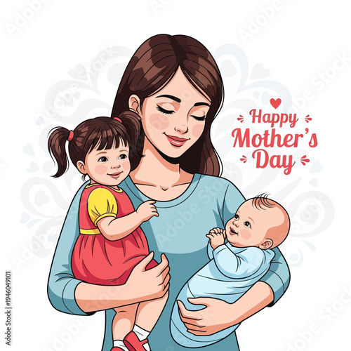 Mother holding baby and toddler celebrating Mother's Day.