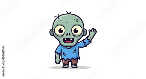 Cartoon zombie character waving hand.