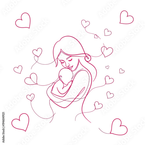Mother holding newborn baby with love hearts.