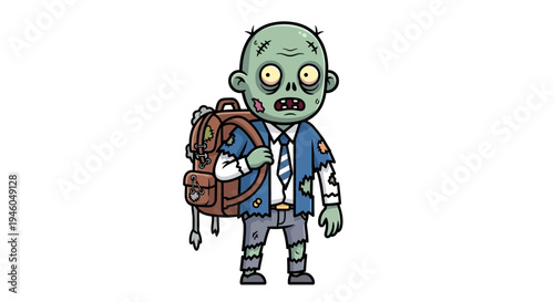 Cartoon zombie character with backpack.