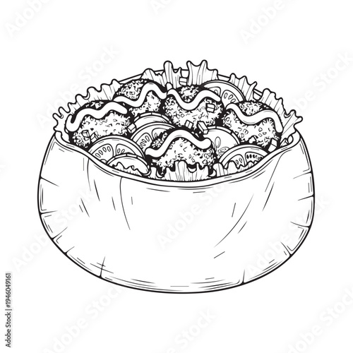 Hand Drawn Falafel Pita Sandwich with Tahini Sauce Drizzle Line Art