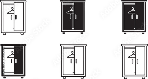 Wardrobe cabinet furniture icon set featuring closet storage furniture, clothing cabinet and home interior storage minimal outline vector icons for furniture and home design