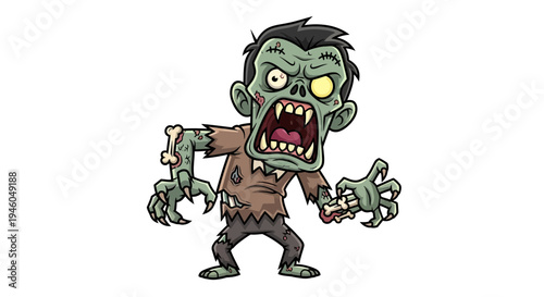 Cartoon zombie character with torn clothes.