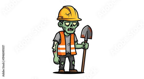 Cartoon zombie construction worker with shovel.