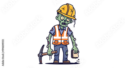 Cartoon zombie construction worker holding pickaxe.