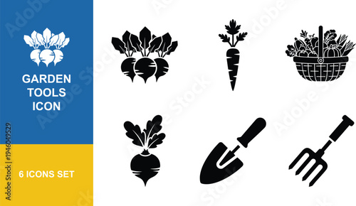 Garden tools icons set graphic illustration of radishes, carrot, basket with vegetables, shovel, and rake