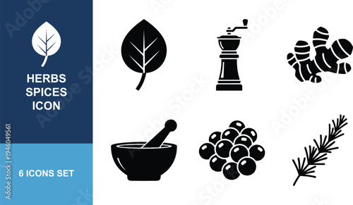 Herbs and spices icons set graphic illustration of leaf, pepper mill, ginger, mortar, peppercorns, rosemary
