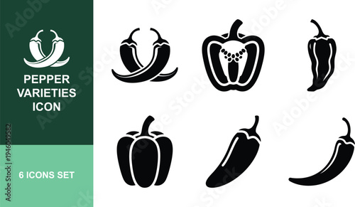 Pepper varieties icon set featuring jalapeno bell pepper chili pepper for spicy food and cooking illustration